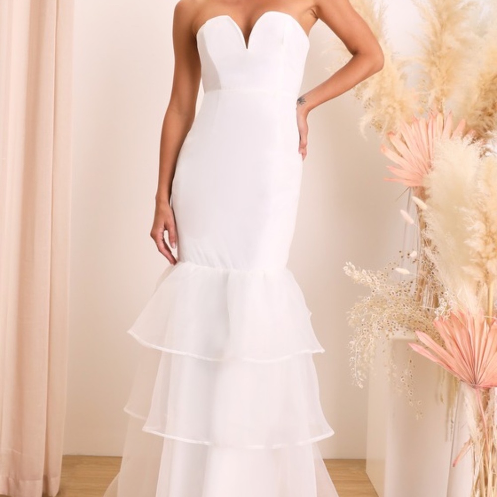Lulus Forever Passionate White Organza Strapless Tiered Maxi Dress - Size M